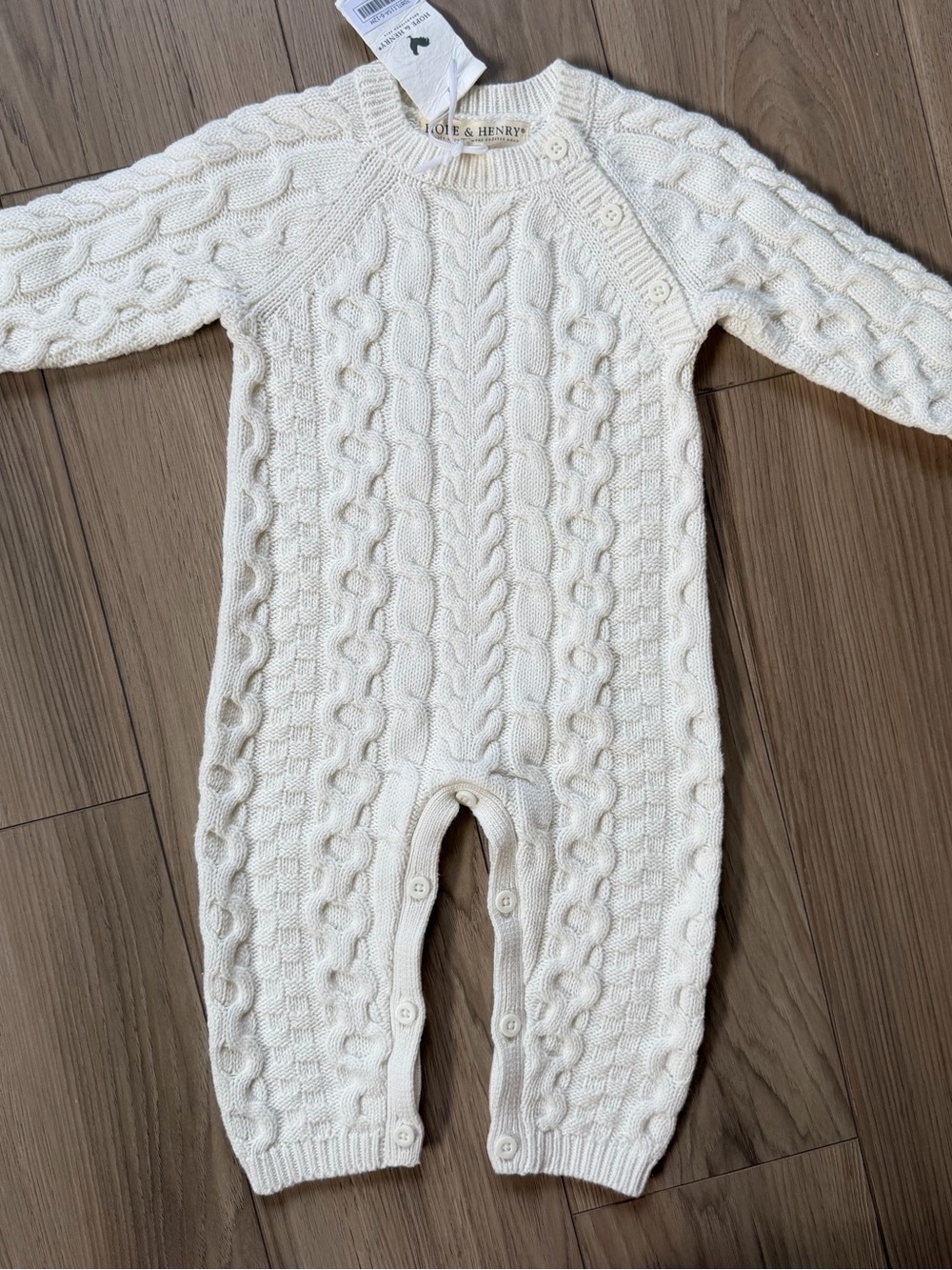 Hope and Henry Cable Knit Baby One-Piece Romper in Cream Organic 6-12 months